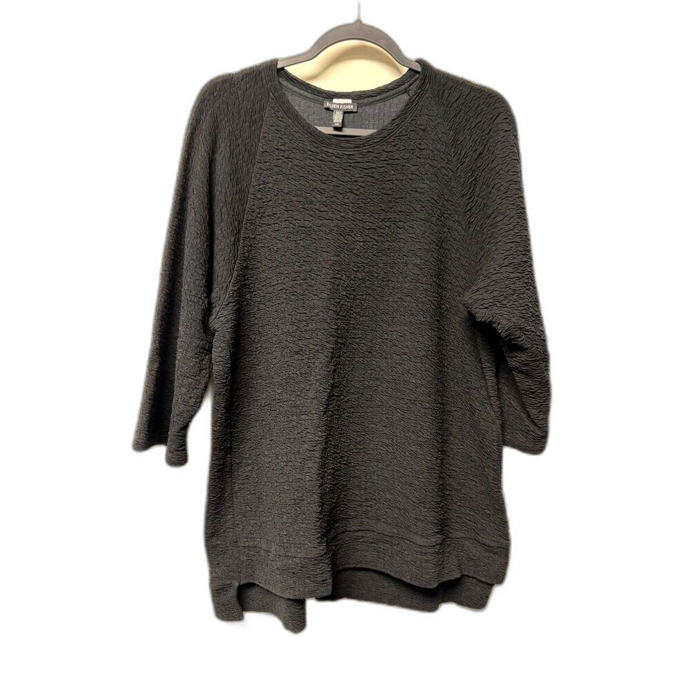 EILEEN FISHER Textured Crewneck Raglan Sleeve Tunic Pullover, Black, Sz L